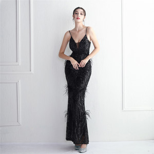 Long Banquet Slim-fit Evening Temperament <strong>Elegant</strong> Positioning Flower Craft Beading Imported Wool Dress - Product Image 3