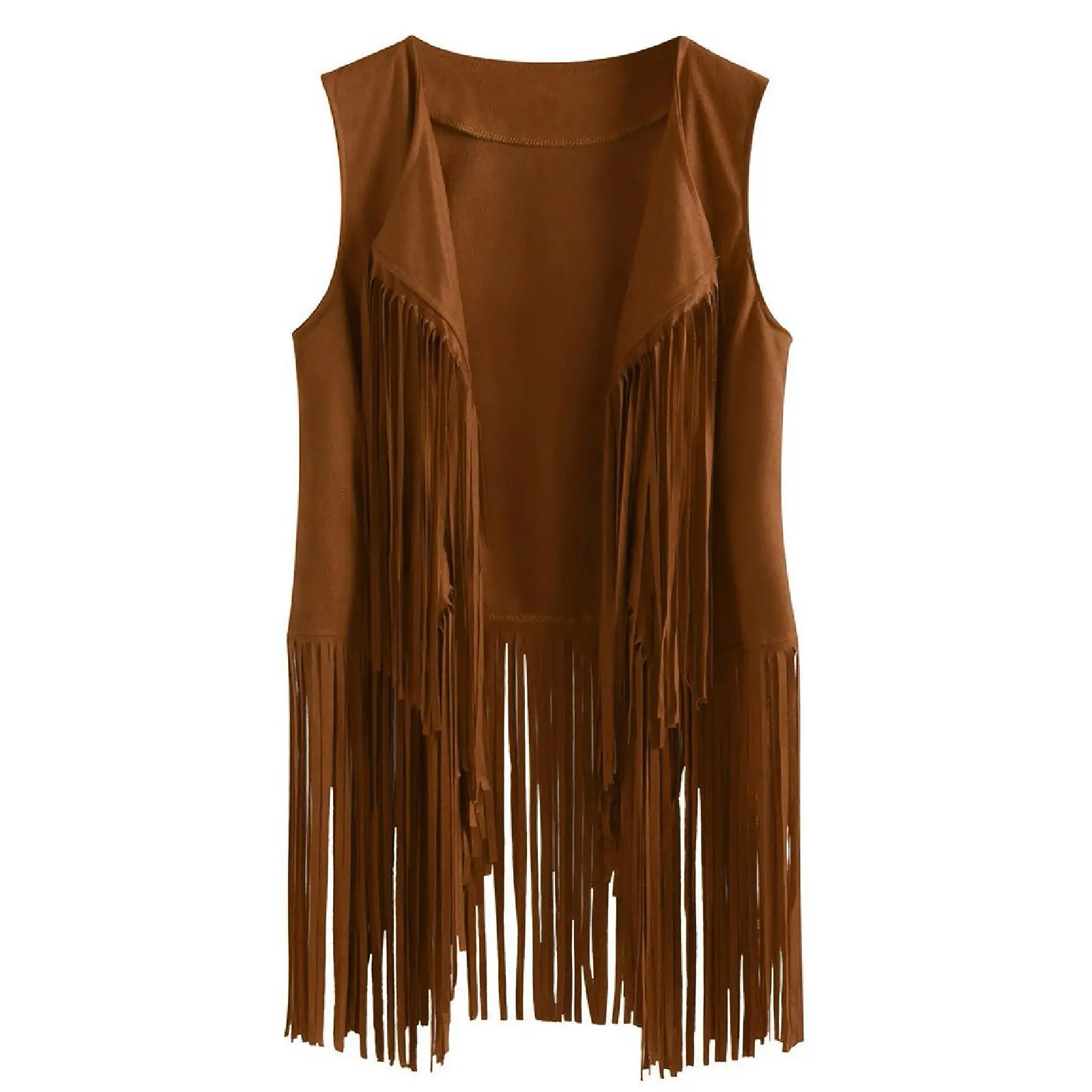 Gilet sans manches à pompons pour femmes 70s Hippie Faux Suede Fringe Jacket Cardigan Poncho ecoparty