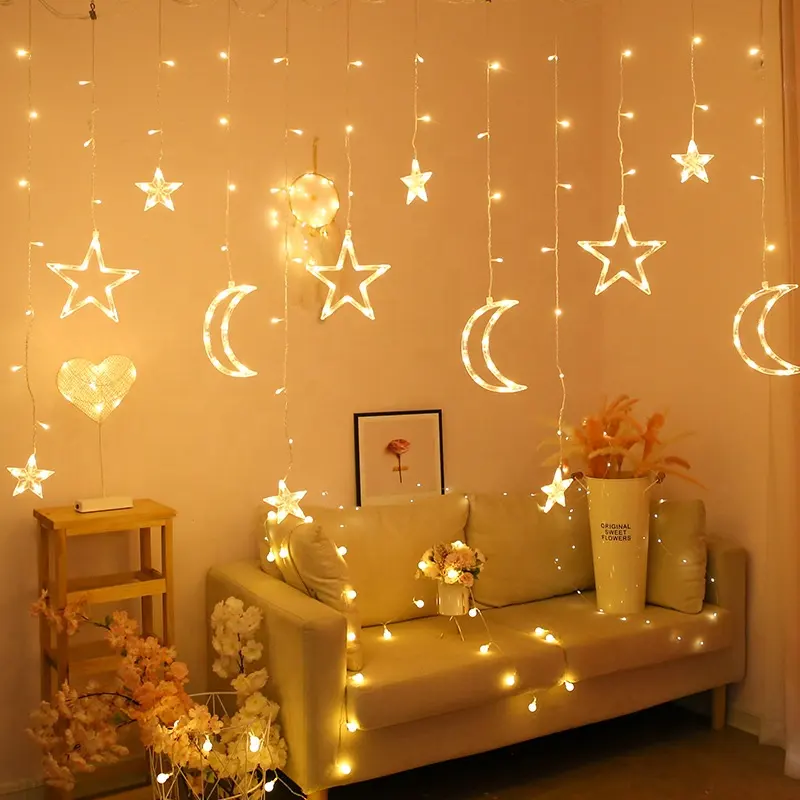 Guirnalda de luces Led con energía Solar para Navidad, guirnalda de luces con estrellas, Luna, jardín, cortina, árbol de interior, vacaciones