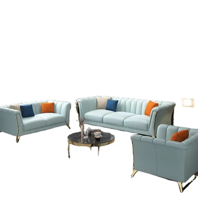 Conjunto de muebles de lujo para sala de estar, sofá de cuero azul, de acero inoxidable