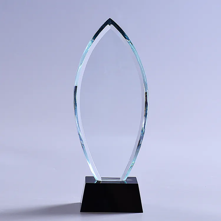 Bloco de vidro de bloco em branco k9, alta qualidade, forma de folha, cristal oval, award, troféu com base preta