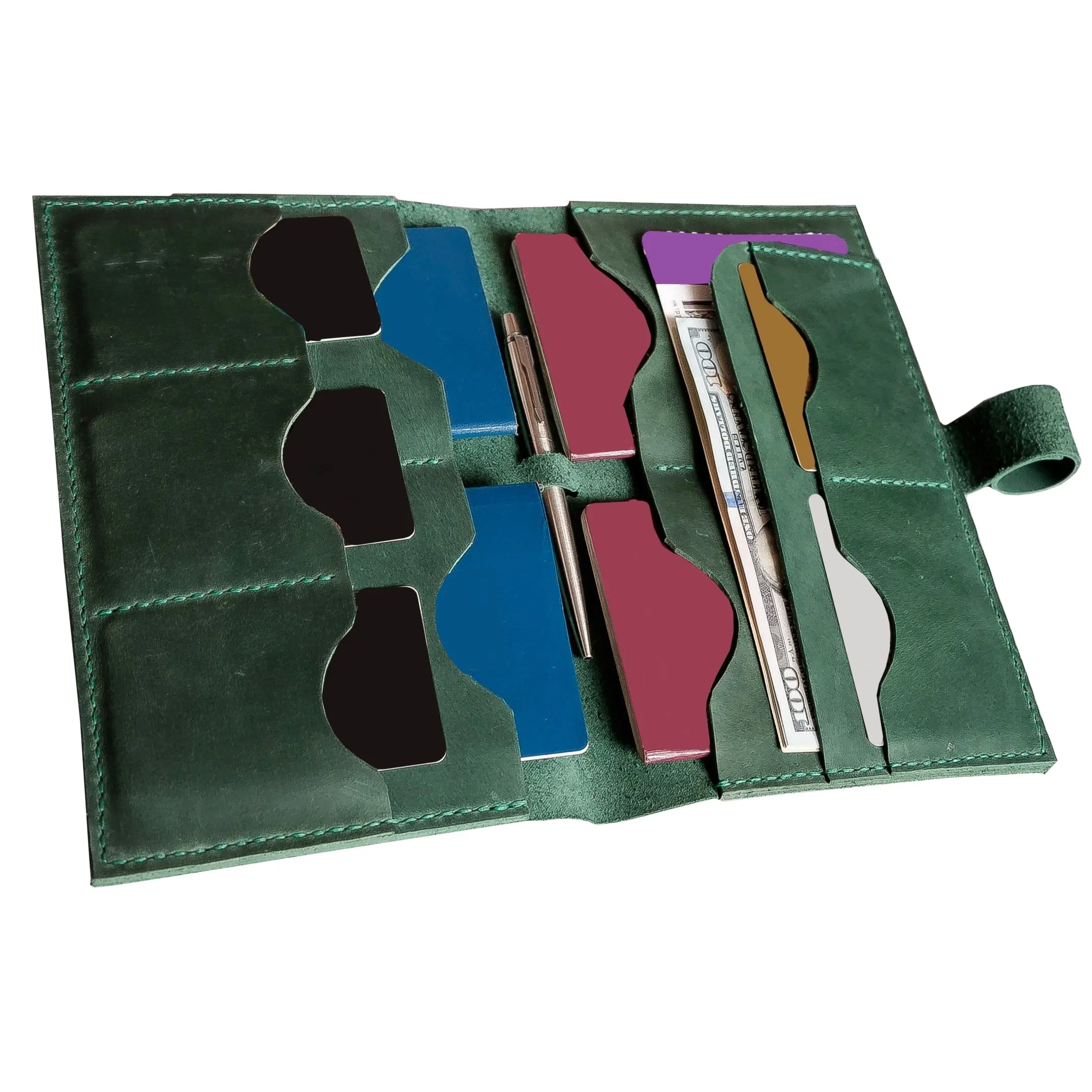 Porte-passeport en cuir cousu à la main, pochette pour cartes, portefeuille de voyage, vert