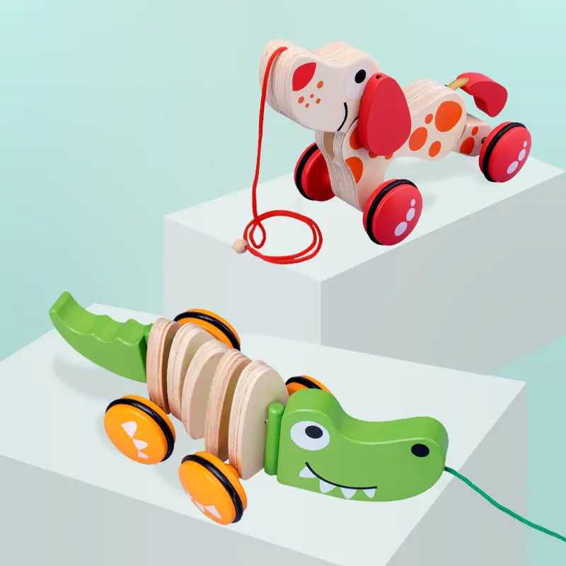 Houten Cartoon Dier Puppy Krokodil Duw Trekkar Trekkoord Trek Touw Zuigeling 0-3 Rollator Kerstspeelgoed Voor Kinderen Speelgoed 2021 Auto