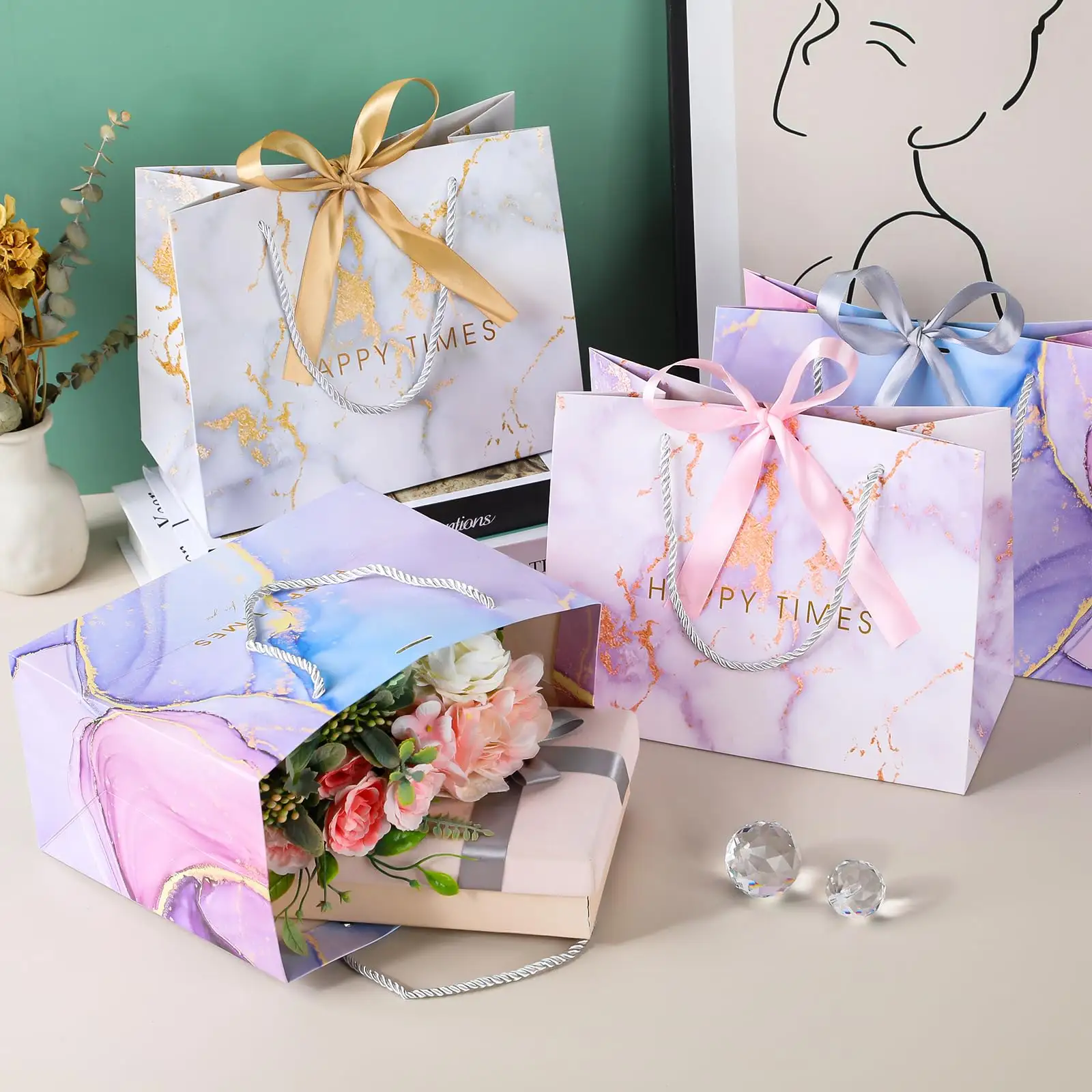 Modern şerit dekor baskı hediye sarma çantası göz kamaştırıcı şerit doğum günü alışveriş giyim mermer ilmek çanta