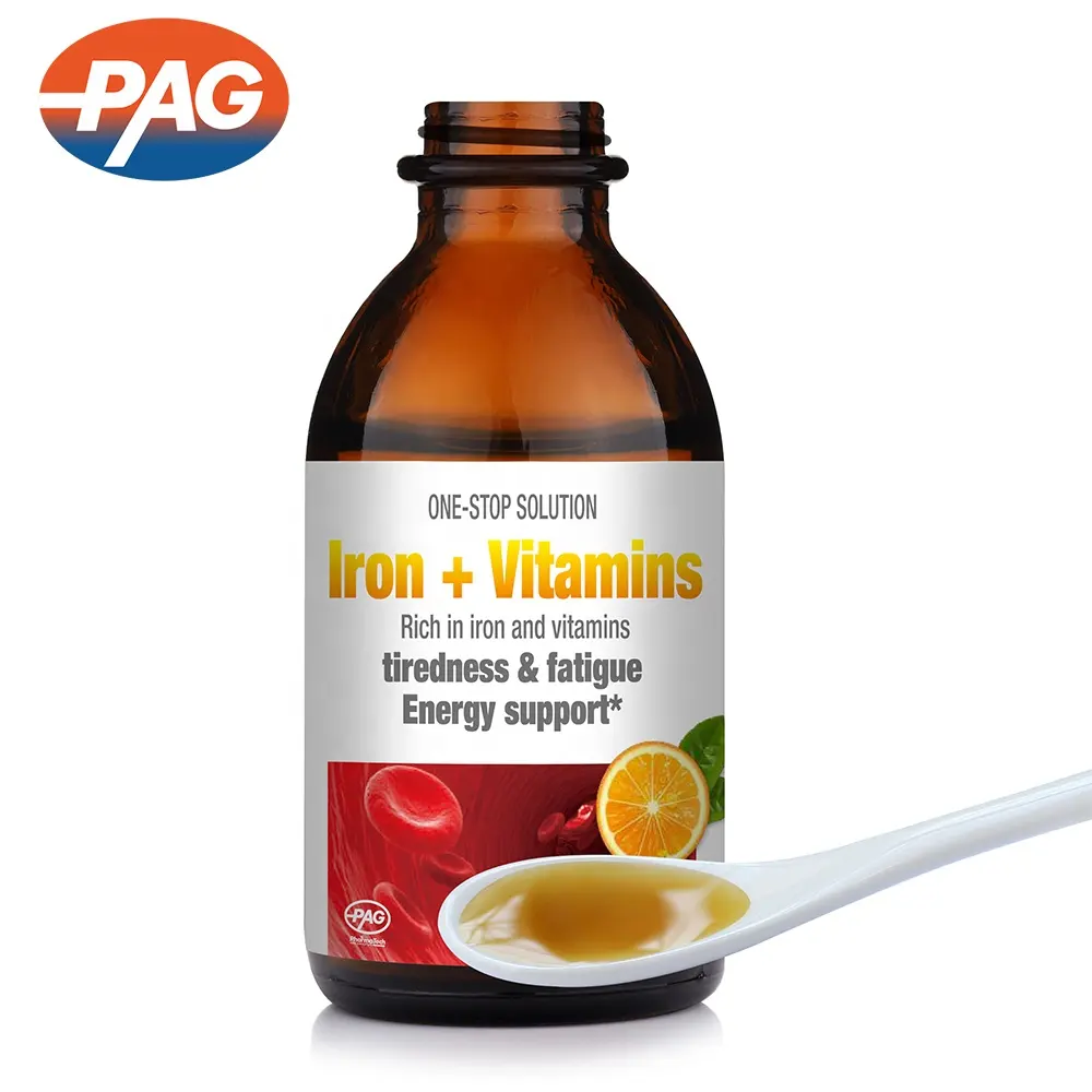 Özel etiket çin güvenilir tedarikçi Vitamin B12 B1 B2 B6 bakır sıvı besin takviyesi demir C vitamini şurubu