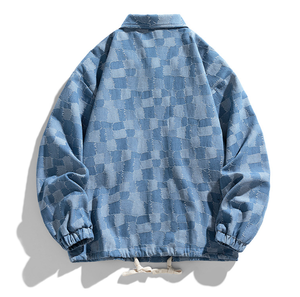 定制男士牛仔夹克翻领纽扣方格图案男士牛仔夹克 - Product Image 3