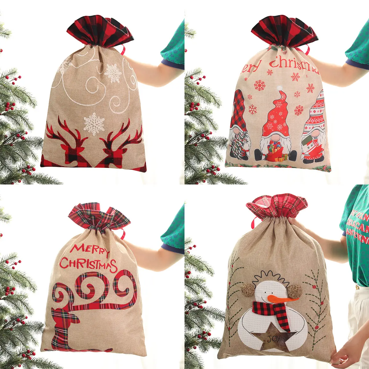 MaiMai, patrón de Papá Noel, patrón de alce, bolsa de regalo con cordón, bolsillos con cordón de lona, bolsas de regalo de Navidad para niños