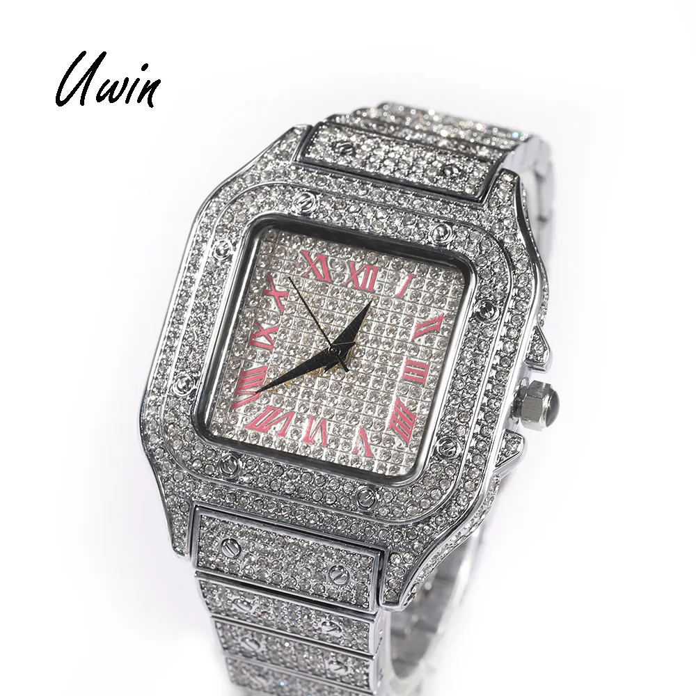 UWIN jam tangan Quartz berlian jarum jam persegi Digital Quartz jam tangan angka Romawi merah muda Hip Hop perhiasan pria wanita Rapper