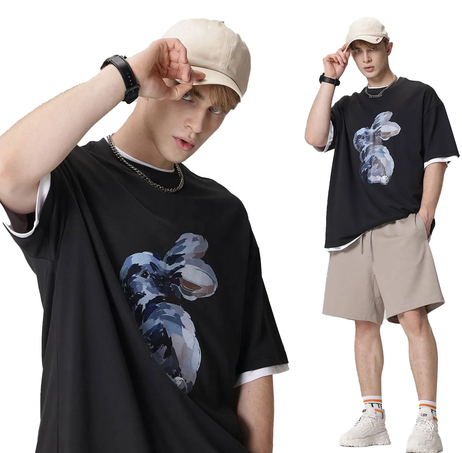 Ölgemälde Kaninchen drucken trend ige kurz ärmel ige chinesische Stil All-Match lose Rundhals-T-Shirt schwarz T-Shirt für junge Männer