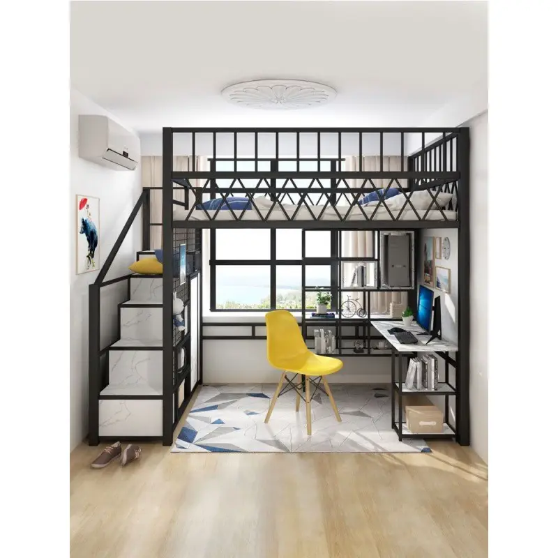 Nordic Modern Metal Loft Bunk Bed With Storage Apartment Dormitory Iron Bed Space-saving Multifunctional Floor Bedroom Furniture