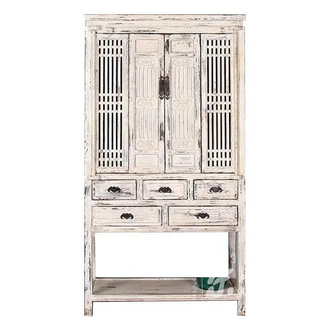 Armario de madera reciclada antigua para Bar, mueble de cocina de madera maciza, armario tallado blanco Shabby Chic