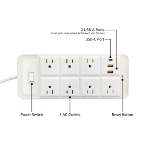 批发美国标准电源插头插座，带7个交流插座和2个Usb a型插座电源条OEM品牌酒店