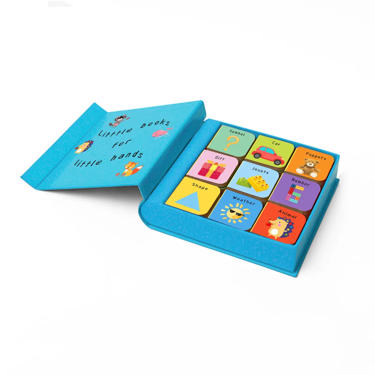 Tarjeta de aprendizaje para niños, libro con impresión de encuadernación, imagen de dibujos animados para bebé, color alfabeto, libro de dibujo de plantas de animales con caja