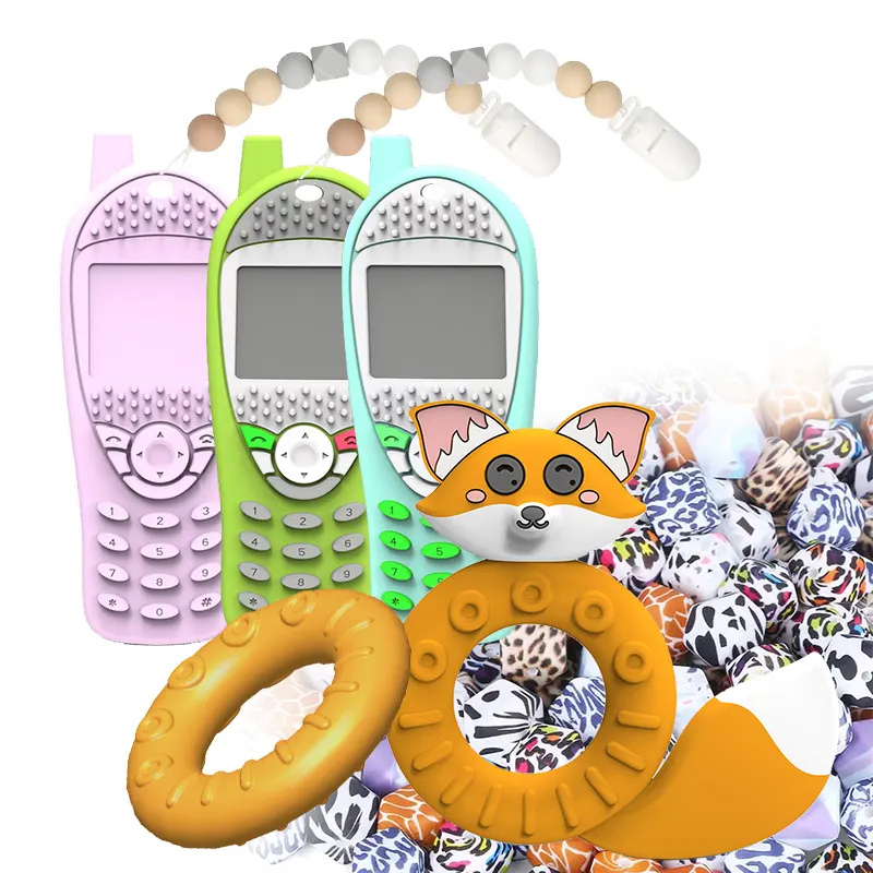 도매 디즈니FAMA 인증 공급 업체 BPA 무료 GRS 실리콘 여우 teether 실리콘 전화 Teether 아기 도넛 Teether 장난감