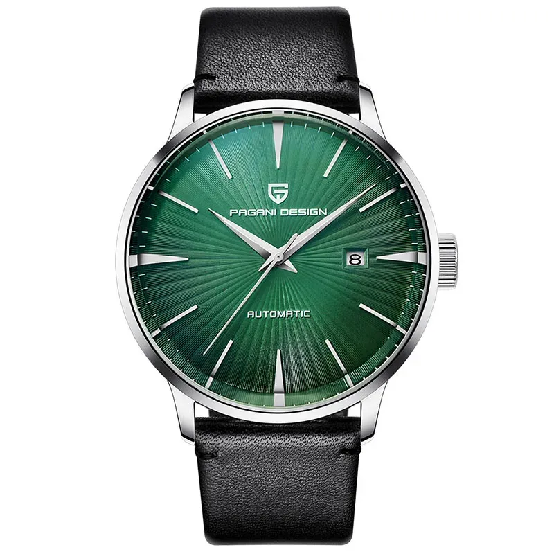 8 silver case green dial black leather belt