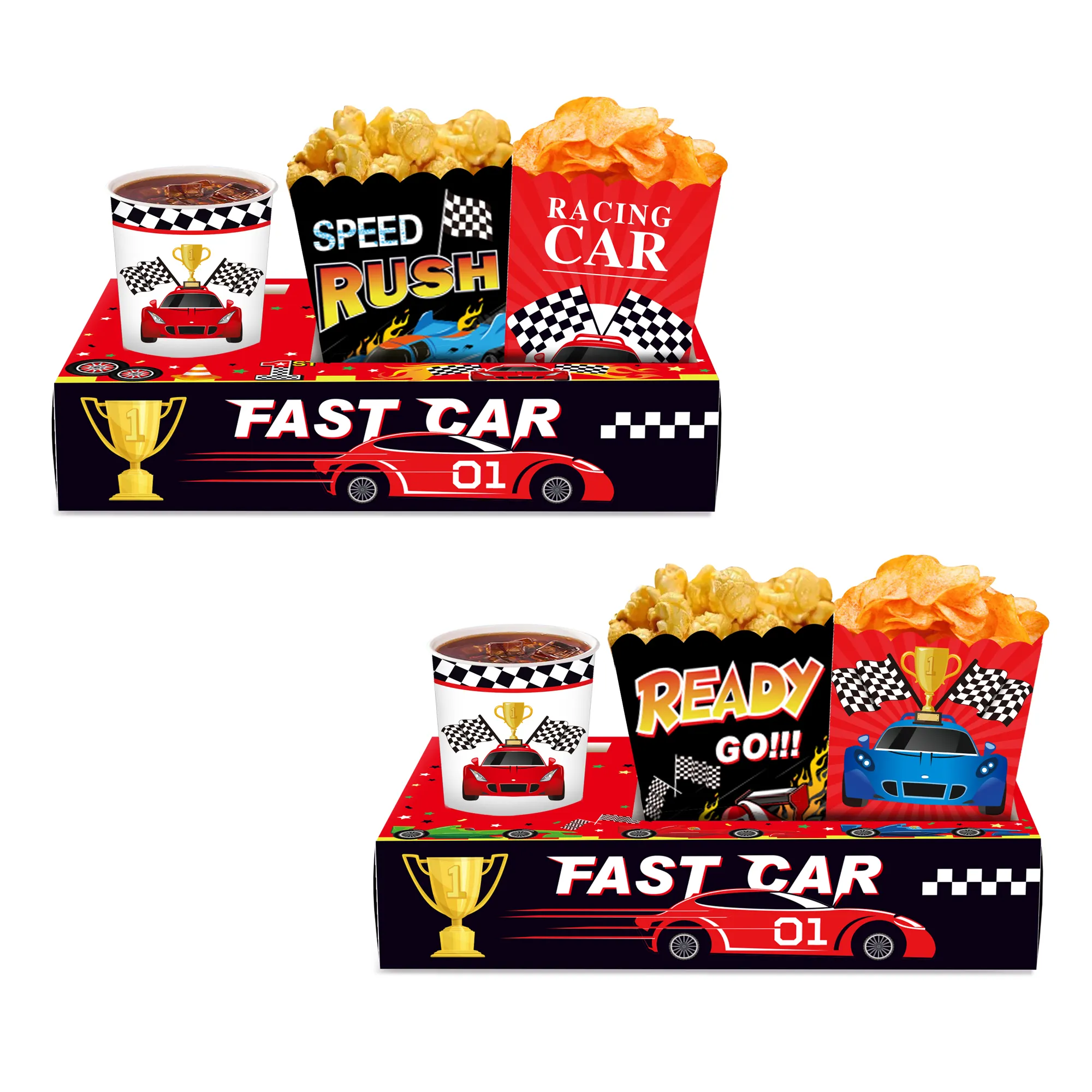 Xindeli KY004 रेसिंग कार नाश्ता ट्रे पॉपकॉर्न कैंडी खाद्य पेय धारक मूवी थियेटर के लिए कागज बक्से रेसिंग बच्चों पार्टी की आपूर्ति