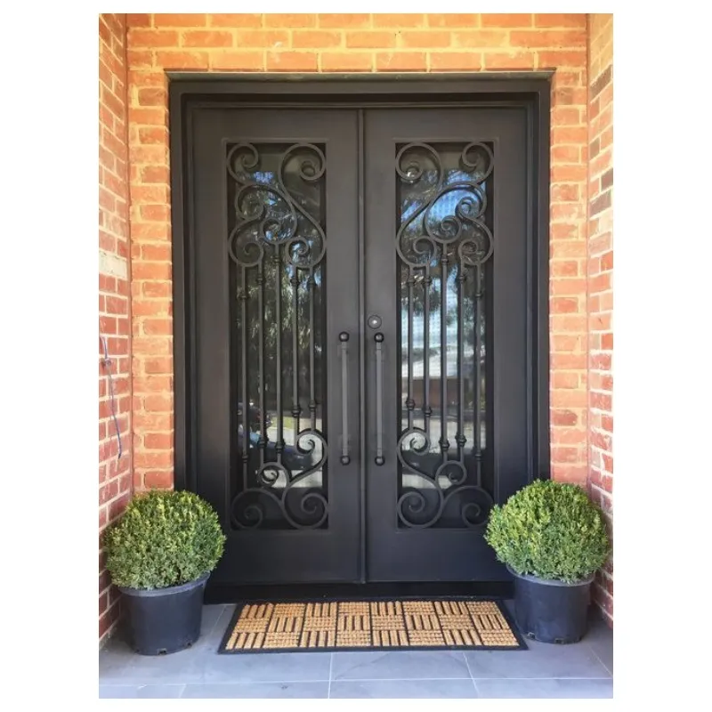 Cuadros de diseño de puerta de hierro forjado, puertas frontales dobles de hierro forjado para entrada en el hogar