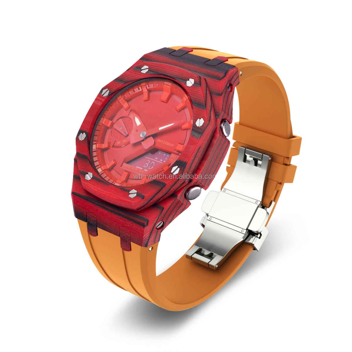 Boîtier de montre en fibre de carbone rouge + ruban orange