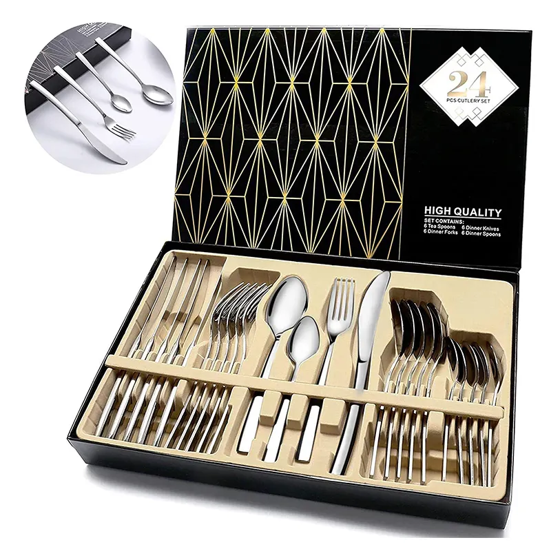 Hot Sale 24pc Stainless Steel Cutlery Set Luxury Gold Spoon Fork and Spoon for Home or Restaurant Use Metal Flatware Gift Box