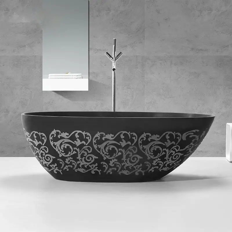 แช่สีดำแกะสลักรูปแบบอ่างอาบน้ำอิสระ Matt อ่างอาบน้ำอิสระ Pure อะคริลิคหรูหรา Bath Tub