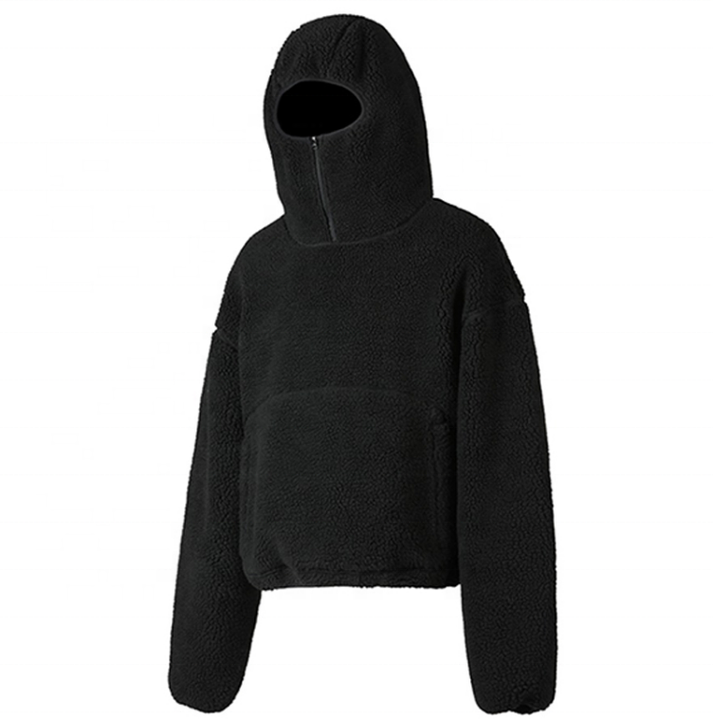 YJ pabrik grosir 400gsm berat halus Sherpa bulu domba setengah wajah Hoodie kustom wajah penuh ritsleting dengan lubang mata Ninja Hoody