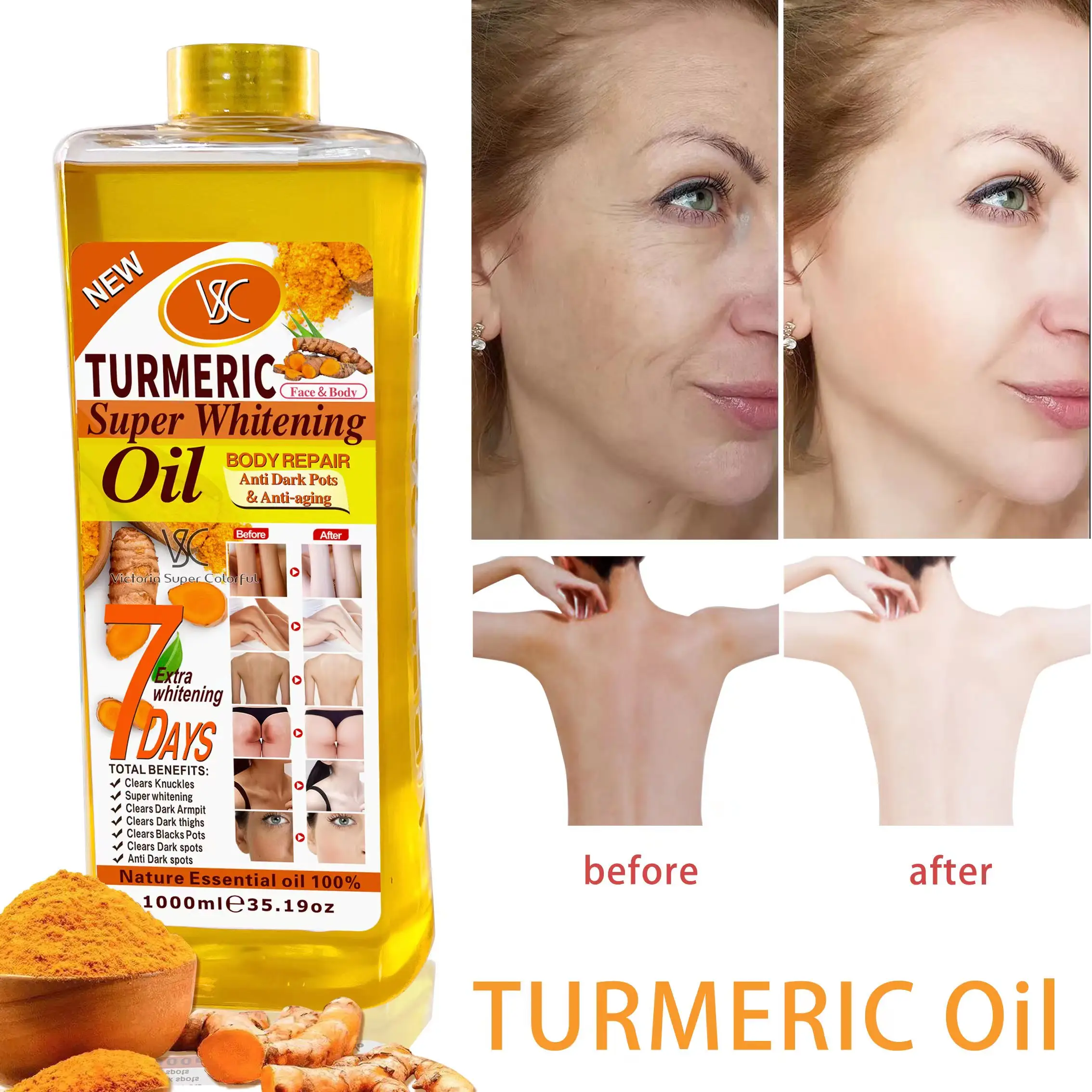 Haute qualité 1000ml huile de curcuma SUPER huile blanchissante peau Anti-âge élimination des taches noires visage et corps huile d'or éclaircissante