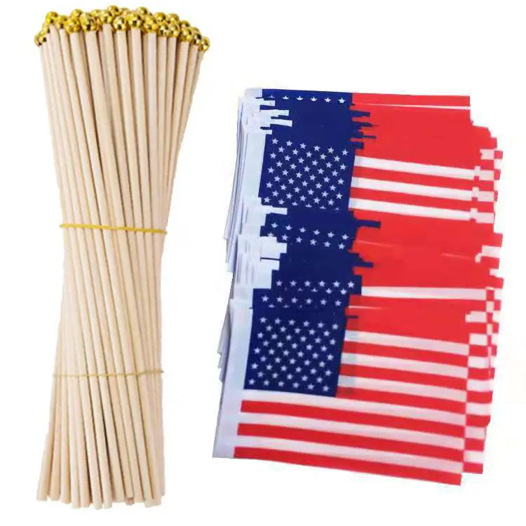 custom Wooden flagpole 4 * 6 inches American hand waving flag 10 * 15cm polyester double-sided American flag wooden pole 25cm