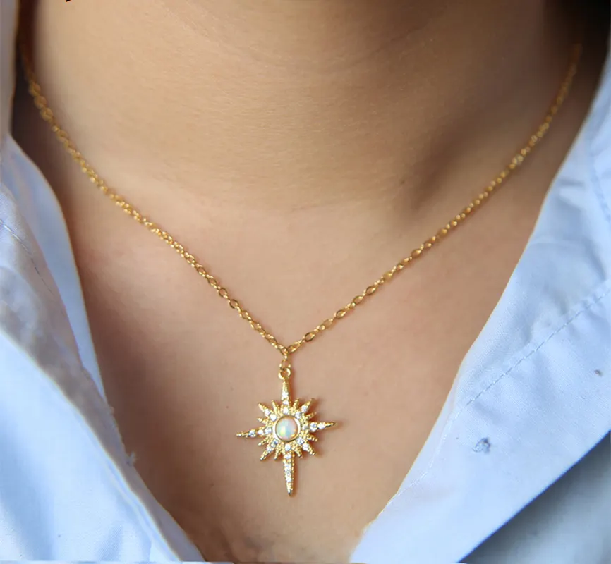 2023 new arrive top quality fashion women jewelry micro pave cz delicate opal stone minimal north star pendant necklace
