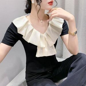 夏季新款设计撞色花瓣领网红小上衣短袖t恤女现货 - Product Image 1