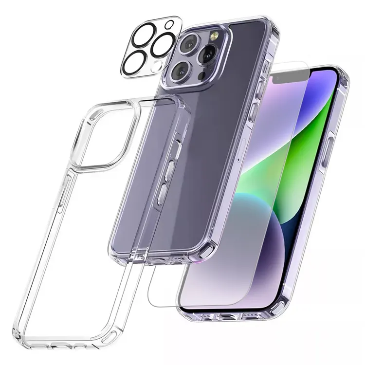 Funda de TPU 3 en 1 con protector de pantalla y protector de cámara para Iphone 14 12 13 Xs 11 6 7 8 15 Xr X Plus Mini