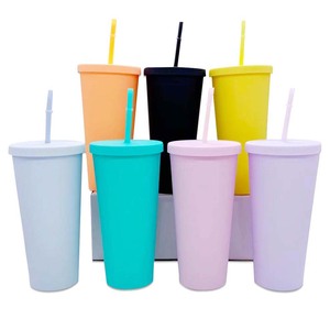 热卖定制塑料咖啡杯标志定制多色带盖和吸管不倒翁 - Product Image 1