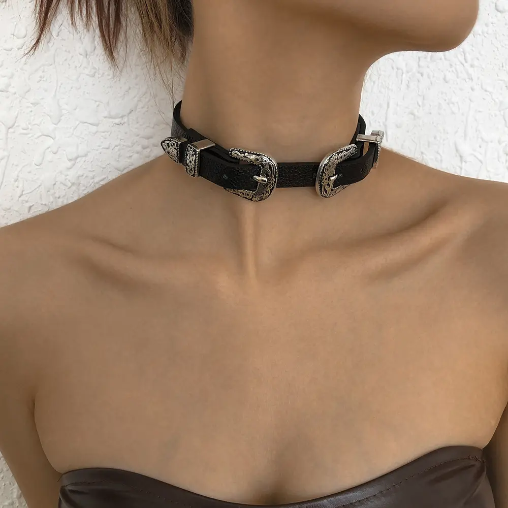 Gargantilla de cuero con hebilla de Metal para mujer, nueva moda