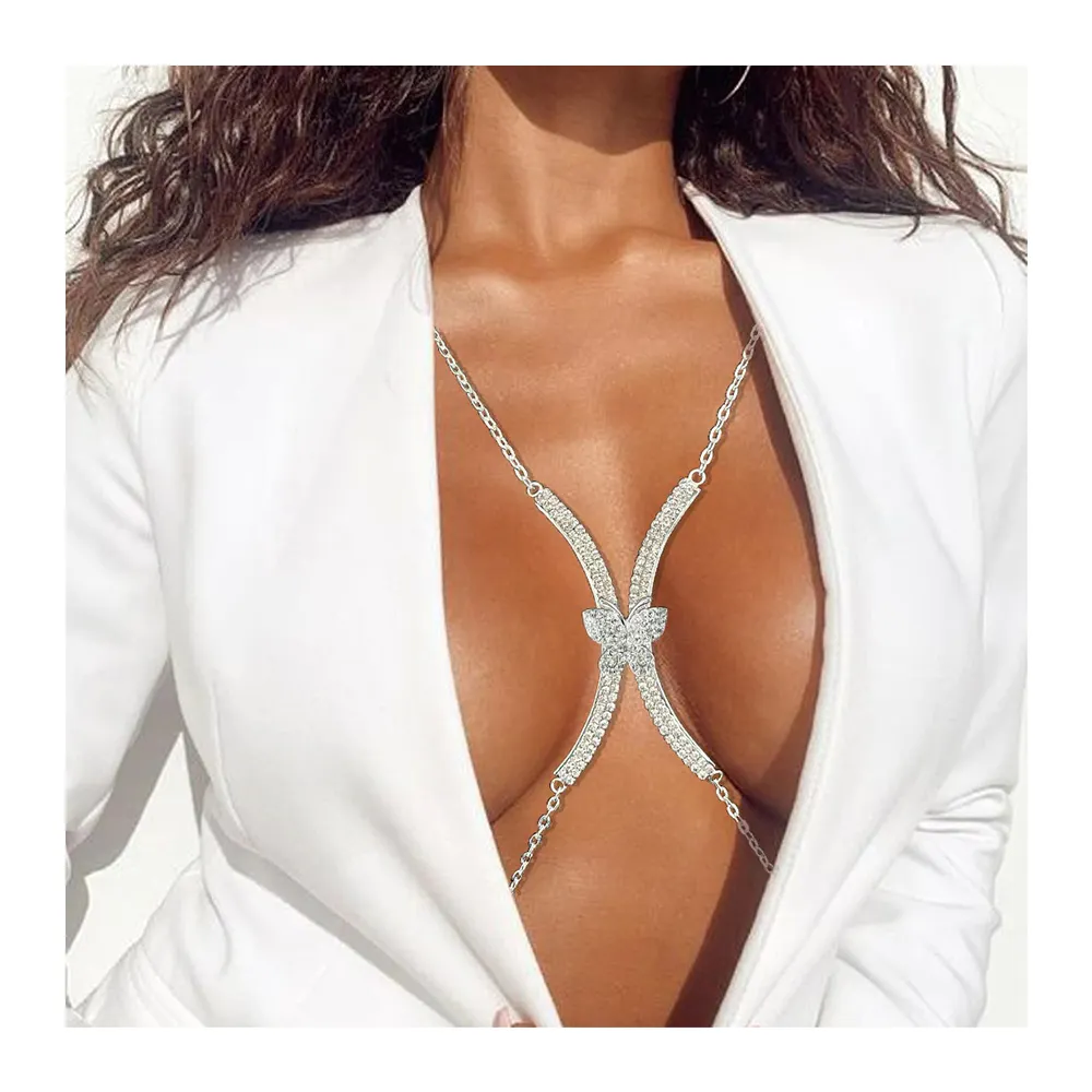 Mode exquis papillon poitrine chaîne brillant X en forme de strass corps chaîne pour les femmes Sexy corps bijoux corps