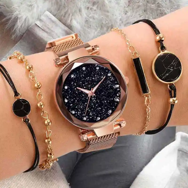 5 Stuks Horloge Set Mode Vrouwen Horloges Met Armband Set Eenvoudige Sterrenhemel Horloge Elegante Accessoires Logio Feminino