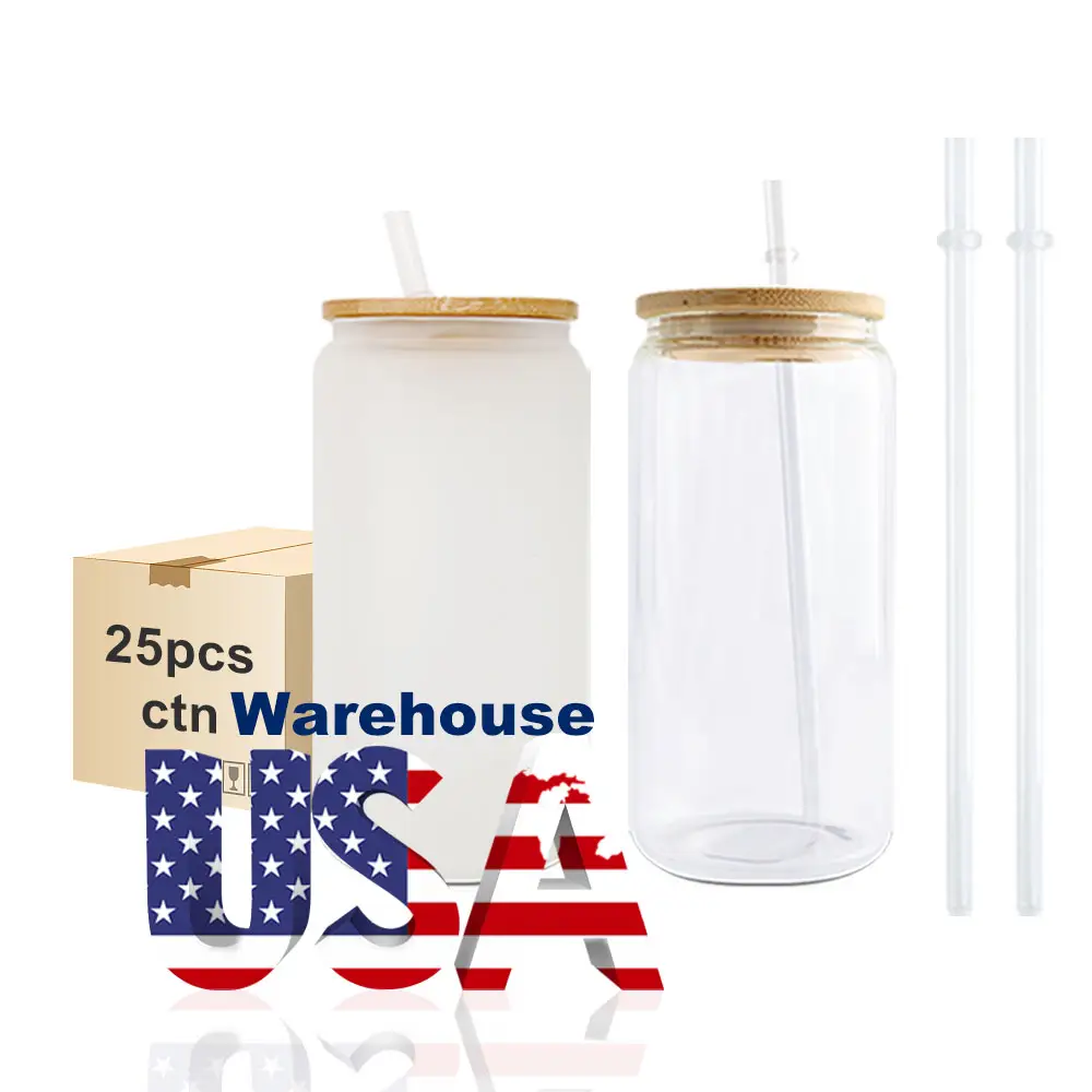 USA Warehouse RTS 12oz 16oz 20oz 25oz Glass Can Sublimation Blanks Frosted Clear Beer Glass Cup with Lid and Straw