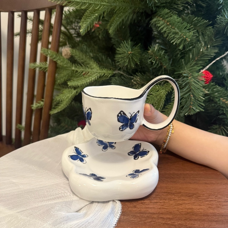 Tasse papillon bleu 300ml, soucoupe 15,5cm