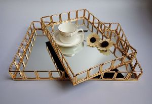 现代金色矩形华丽金属服务镜面托盘与圆形珠宝化妆chrom tablett - Product Image 2