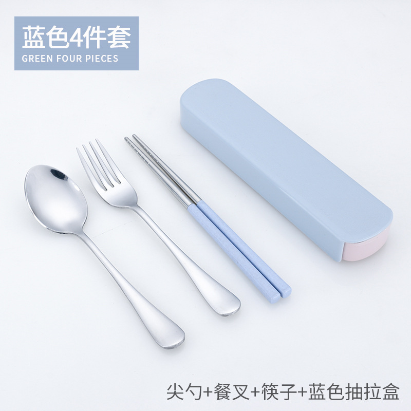 Ensemble trois pièces cuillère fourchette baguettes + boîte à tirer bleue