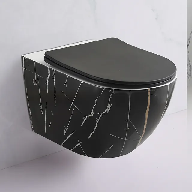 Матовый черный настенный подвесной туалетный набор, цветная безободковая мраморная унитаза без запаха с скрытым резервуаром