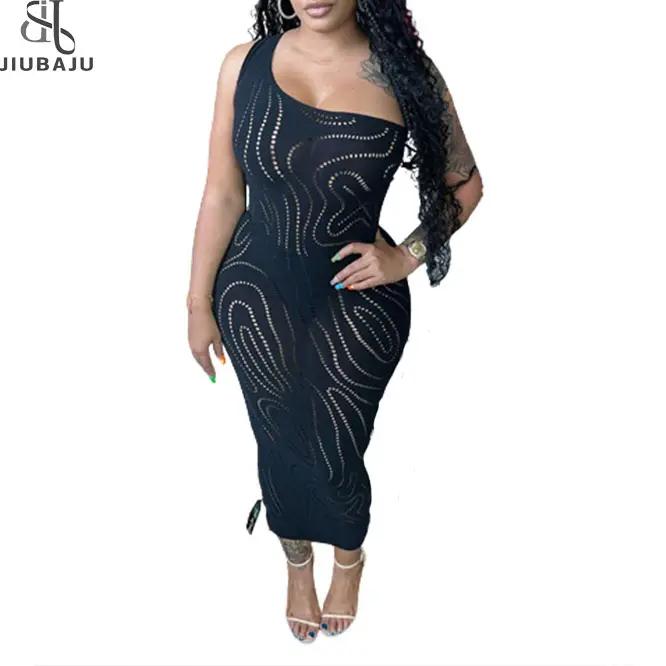 2023 Summer Women Long Dress elegante monospalla Sexy Hollow Out Bodycon Lady Bodycon Black Dress