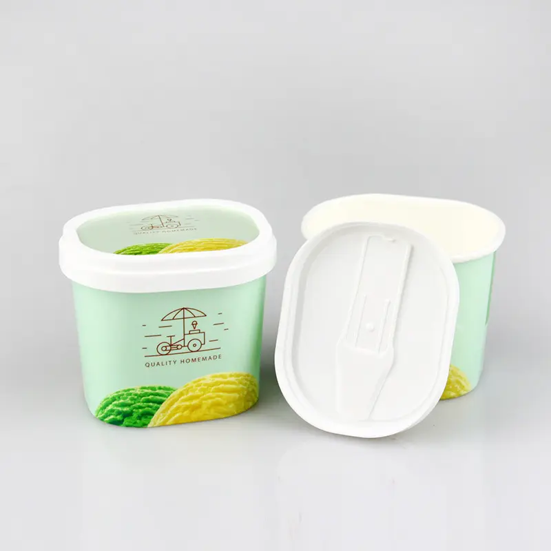 Factory Price Square Packaging Disposable Eco Friendly Ice Cream Paper Cups with Lid Spoon
