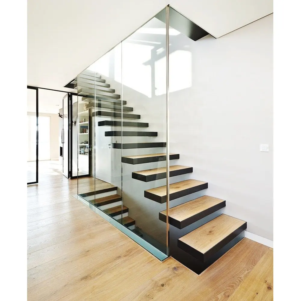 Modern Glass Railing Stairs Design Wood Tread Staircase Handrail Metal Structure Stair Cable Rail Staircase
