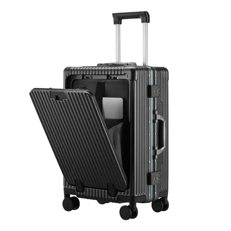 Valigia portabagagli in alluminio per laptop design anteriore USB cherge portabicchieri Carry On Trolley con vano tascabile
