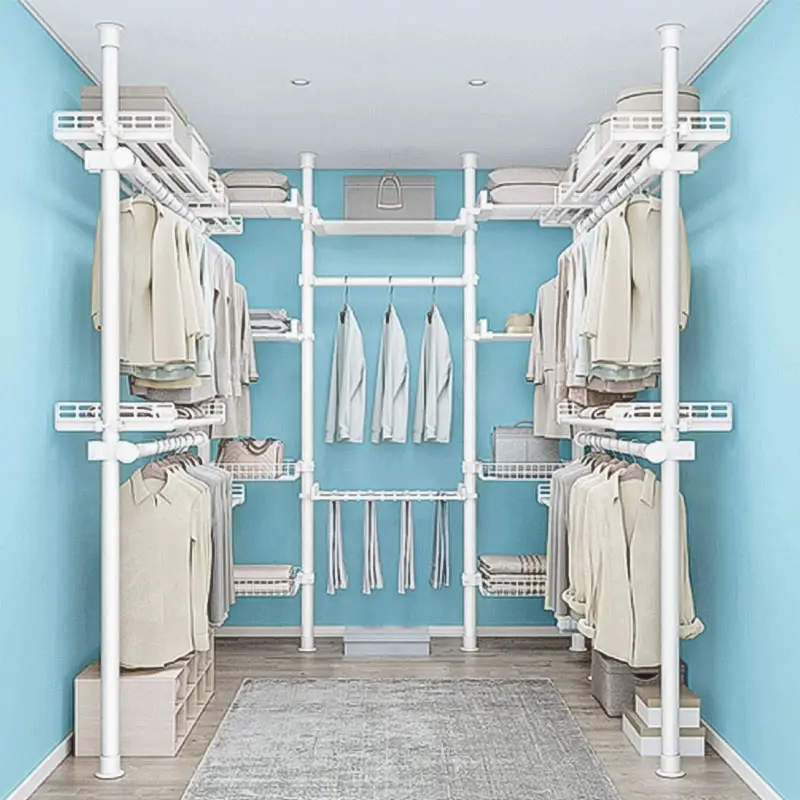 Bedroom Metal Open Wardrobe Pole System Movable Walk In portability Closet System Diy Combination White Wardrobe Closets