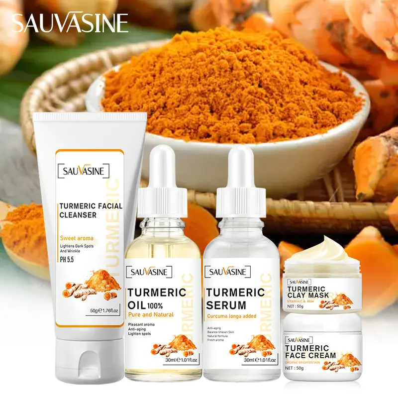 Atacado Açafrão Skincare Set Anti Acne Dark Spot Whitening Sabão Personalizado Soro Scrub Creme Facial Wash rosto Skin Care Set (novo)