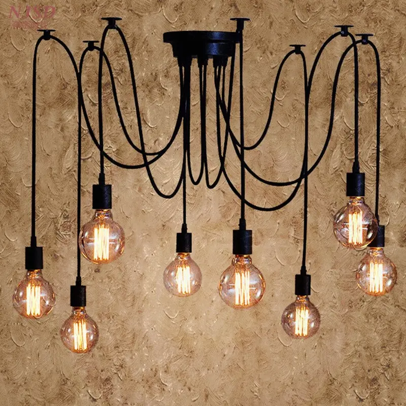 Estilo Retro Edison Bulbo Ferro Multi Braços Industrial Várias cabeças Loft Black Spider Iluminação Candelabro Vintage Pingente Interior