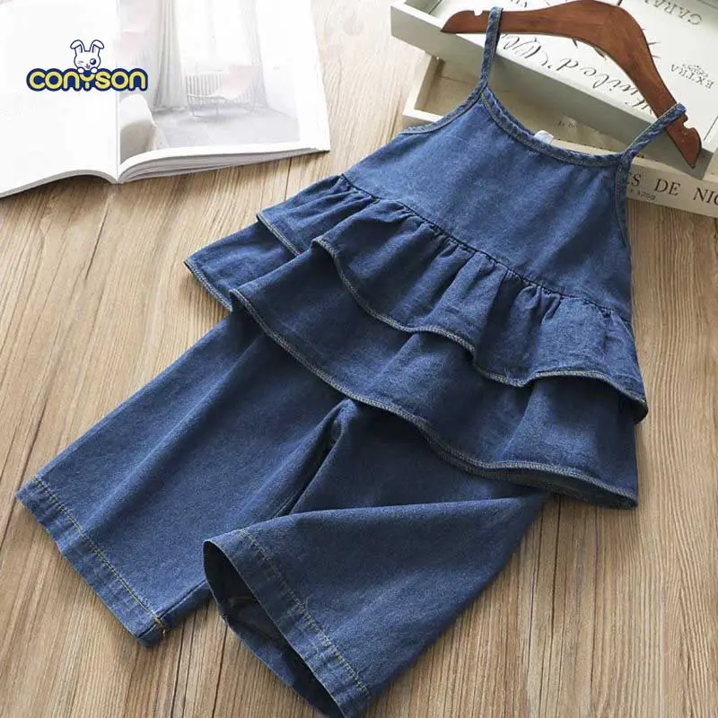 Conjuntos de ropa de verano para niñas Conyson, chaqueta de mezclilla coreana con tirantes, Top + Pantalones de pierna ancha, ropa informal de dos piezas para niños