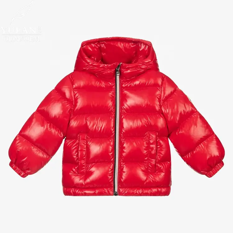 Yufan Custom 2023 Red Glossy Down Jacket Crianças com capuz para baixo casaco inverno Puffy Jacket