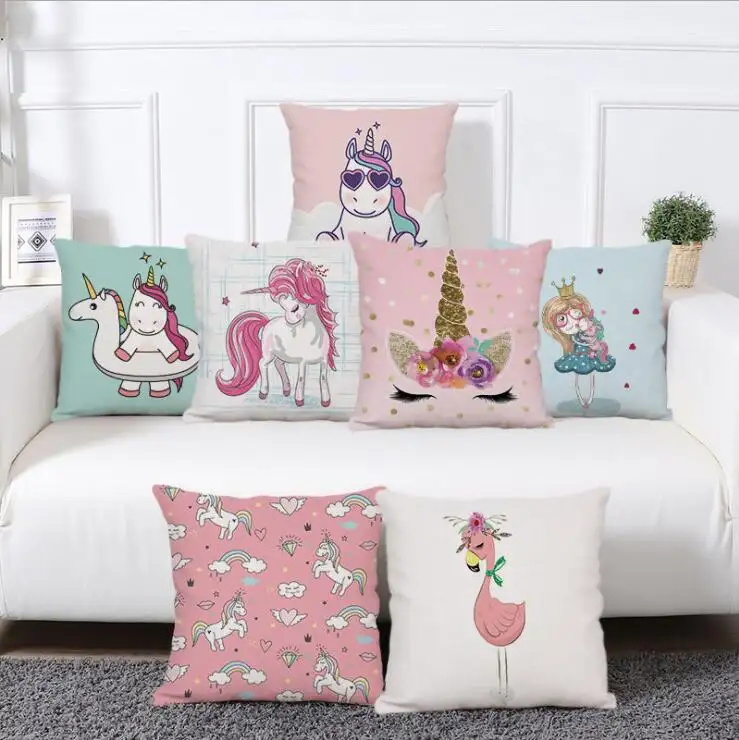 Funda de unicornio de dibujos animados para niños, funda de almohada de decoración para sofá, coche, gran oferta