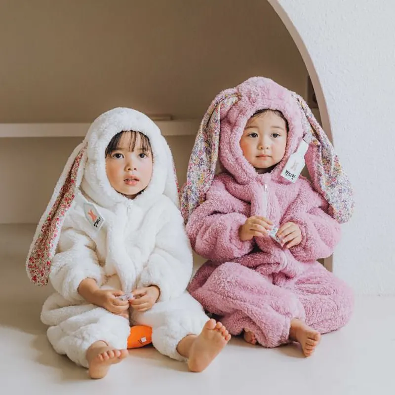 Pijamas de conejo con capucha de terciopelo para bebé, ropa de invierno para niña y niño, traje de una pieza con cremallera, ropa gruesa de lana para bebé